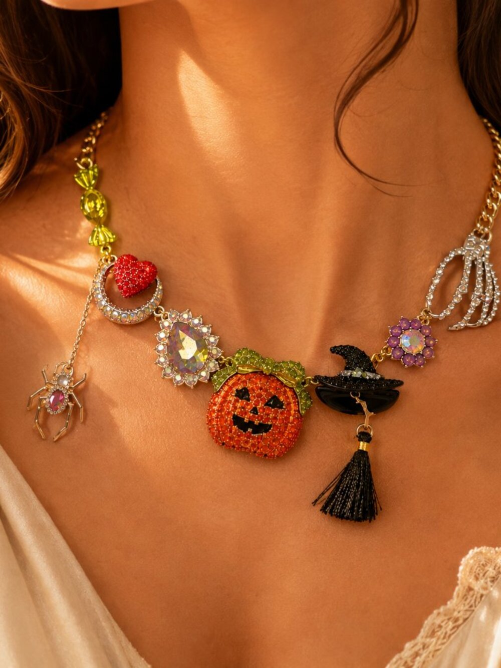 Betsey Johnson Halloween Charm necklace Cat Spider Ghost Pumpkin Gems Multicolor